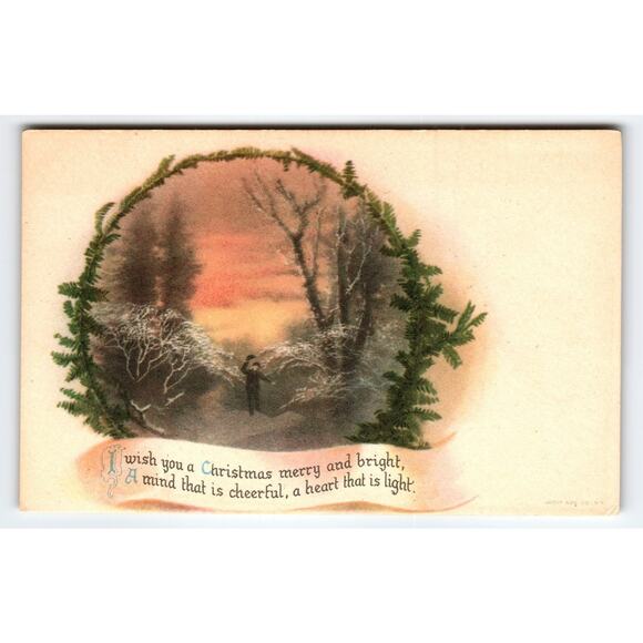 Vintage Christmas Postcard Winter Scene with Pine Border by Wolf Adv. Co. - Picture 1 of 2